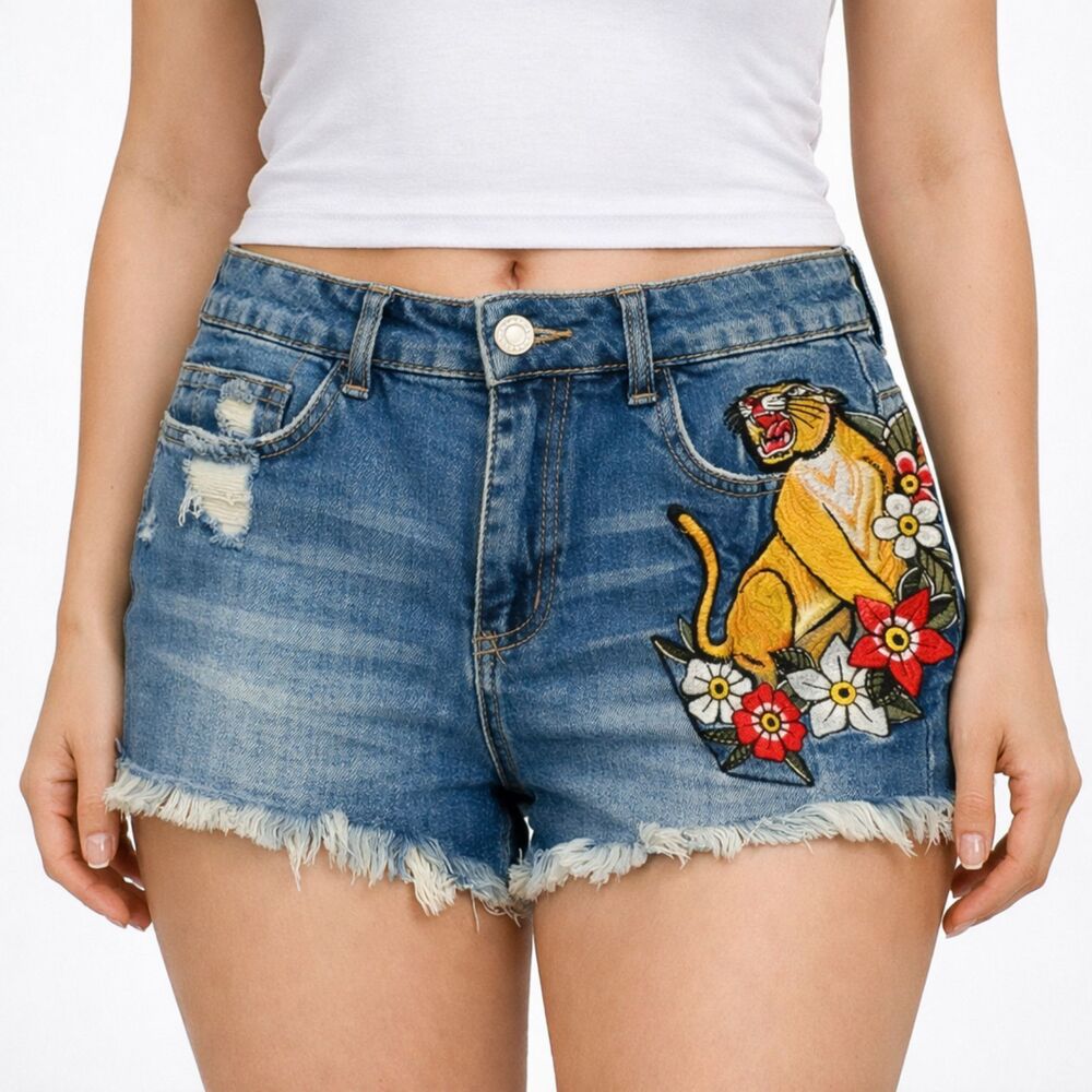 1st Kiss Distressed Tiger Graphic Raw Hem Shorts 7